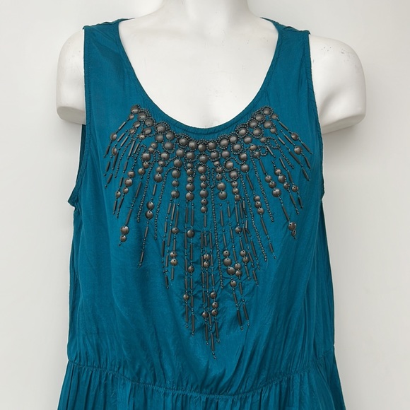 DKNY silky beaded tank, teal blue top green, Tank Top, sleeveless, beaded top - Picture 6 of 9